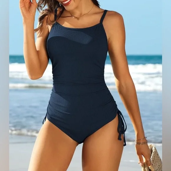 Soft Ribbed Ruched One-Piece Swimsuit - Picture 2 of 12
